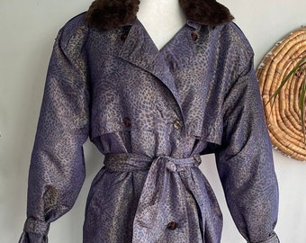 Vintage 80s Purple Leopard Print Trench Coat with Lining