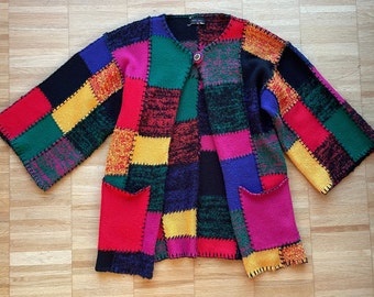 Vintage Simon Chang 80s 90s Patchwork Rainbow Sweater