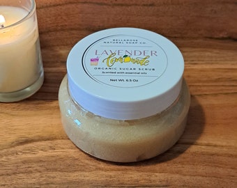 Exfoliante de azúcar de limonada de lavanda orgánica, exfoliante de azúcar de lavanda y hierba de limón, exfoliante de azúcar de aceite esencial, exfoliantes de azúcar de primavera, exfoliante de azúcar de verano