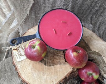 Rustic Apple Scented Hand-Poured Soy Wood Wick 6" Cast Iron Skillet Candle / Engraved Hummingbird Wood Tag / Homestead Handmade Gift