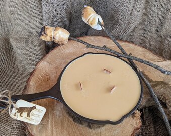 Rustic Marshmallow Scented Hand-Poured Soy Wood Wick 6" Cast Iron Skillet Candle / Engraved Bobcat Wood Tag / Homestead Handmade Gift