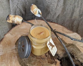 Rustic Marshmallow Scented Hand-Poured Soy Wood Wick 8oz Mason Jar Candle / Engraved Wood Tag Bobcat Mini-Tale Homestead Handmade Gift