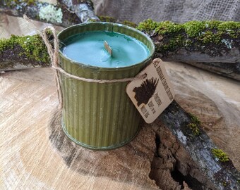 Rustic Mossy Log Scent Wood Wick Hand-Poured Soy Zinc Pot Candle / Engraved Wood Tag with Porcupine Mini-Tale / Handmade Homestead Gift