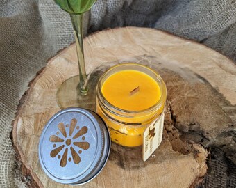 Rustic Mimosa Scented Hand-Poured Soy Wood Wick 4oz Mason Jar Candle / Engraved Wood Tag Mink Mini-Tale Homestead Handmade Valentine's Gift