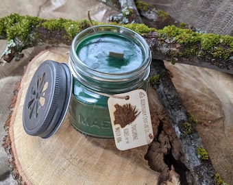 Rustic Mossy Log Scented Hand-Poured Soy Wood Wick 8oz Mason Jar Candle / Engraved Wood Tag Porcupine Mini-Tale / Homestead Handmade Gift
