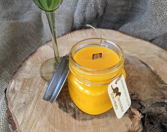 Rustic Mimosa Scented Hand-Poured Soy Wood Wick 8oz Mason Jar Candle / Engraved Wood Tag Mink Mini-Tale Homestead Handmade Valentine's Gift