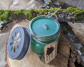Rustic Mossy Log Scented Hand-Poured Soy Wood Wick 4oz Mason Jar Candle / Engraved Wood Tag Porcupine Mini-Tale / Homemade Homestead Gift