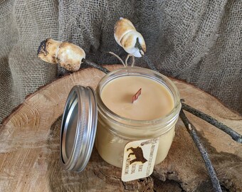 Rustic Marshmallow Scent Hand-Poured Soy Wood Wick 12oz Mason Jar Candle / Engraved Wood Tag Bobcat Mini-Tale Homestead Handmade Gift