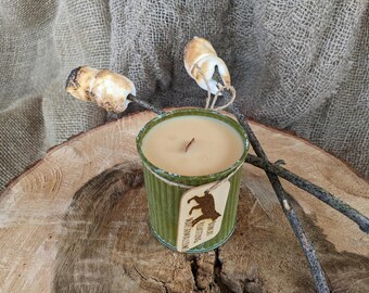 Rustic Marshmallow Scent Wood Wick Hand-Poured Soy Zinc Pot Candle/ Engraved Wooden Tag with Bobcat Mini-Tale/ Homestead Handmade Gift