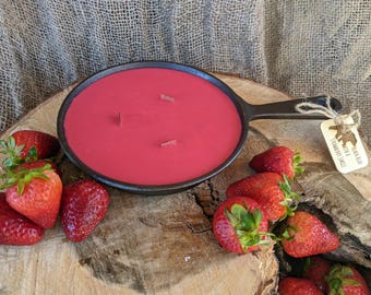 Rustic Strawberry Scent Hand-Poured Soy Wood Wick 6" Cast Iron Skillet Candle / Engraved Wood Tag / Homestead Handmade Valentine Gift