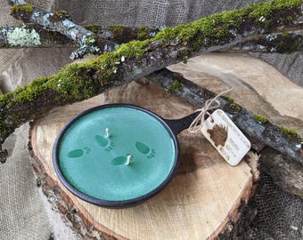 Rustic Mossy Log Scent Hand-Poured Soy Wood Wick 4" Cast Iron Skillet Candle with Engraved Porcupine Wooden Tag / Homestead Handmade Gift