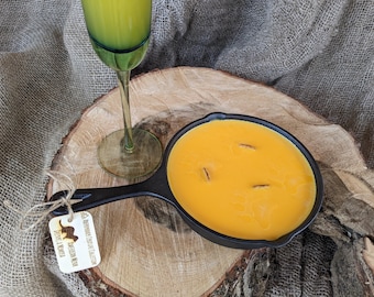 Rustic Mimosa Scented Hand-Poured Soy Wood Wick 6" Cast Iron Skillet Candle / Engraved Mink Wood Tag / Homestead Handmade Valentine's Gift