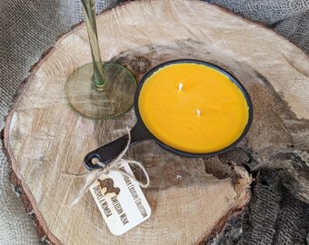 Rustic Mimosa Scent Hand-Poured Soy Wood Wick 4" Cast Iron Skillet Candle with Engraved Mink Wood Tag / Homestead Handmade Valentine's Gift