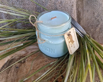 Rustic Citronella Scented Hand-Poured Soy Wood Wick 8oz Mason Jar Candle / Engraved Wood Tag Red Fox Mini-Tale / Homestead Handmade Gift