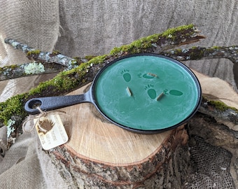 Mossy Log Scented Soy Candle, 6" Cast Iron Skillet, Wood Wick