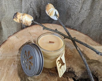 Rustic Marshmallow Scented Hand-Poured Soy Wood Wick 4oz Mason Jar Candle / Engraved Wood Tag Bobcat Mini-Tale Homestead Handmade Gift