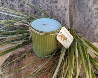 Rustic Citronella Scent Wood Wick Hand-Poured Soy Zinc Pot Candle / Engraved Wood Tag with Red Fox Mini-Tale / Handmade Homestead Gift