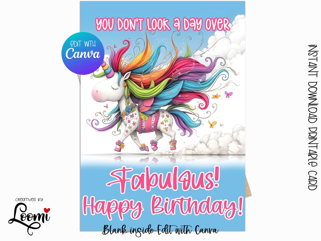Unicorn Printable Birthday Card Instant Download Edit With Canva Unicorn Printable Birthday Card Instant Download Edit With Canva
