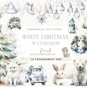 Neutrale kerst winter clipart, witte kerst, aquarel gezellige clipart, witte kerstboom, kerstkrans, vos, konijn, commercieel gebruik