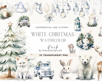May include: A watercolor clipart pack featuring 33 white Christmas illustrations. The pack includes a white Christmas tree, a white fox, a white rabbit, a white polar bear, a white deer, a white truck, a white snowman, a white wreath, a white candle, a white mug, a white sweater, and white lightbulbs.