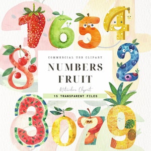 Clipart con numeri di frutta, ClipArt, Sfondo trasparente, Numeri, Sublimazione dell'alfabeto Doodle di ananas, Kiwi, Carattere della scuola materna, Uso commerciale