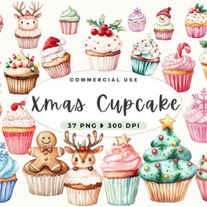 Clipart de cupcakes navideños de acuarela, cupcakes de sublimación, descarga digital, obsequios navideños, manualidades de papel, comida festiva, dulces, uso comercial