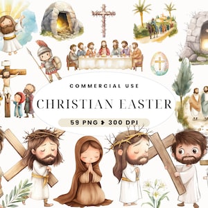 Christliches Ostern Clipart für Kinder, religiöses Basteln, Ostergeschichte Clip Art, Er ist auferstanden, Bibelgeschichte, Aquarell Biblische Figuren, Jesus