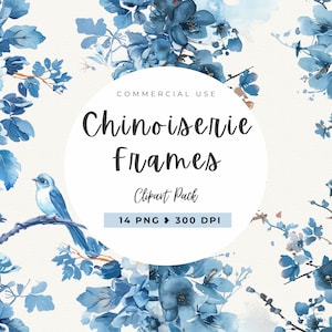 Chinoiserie Frame Clipart, Chinoiserie Floral, Instant Download, Flower Borders, Crests and Frames, Blue White, Wedding Invitation