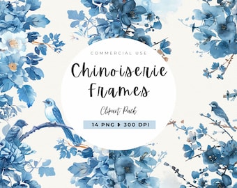Clipart cornice cineserie, cineserie floreale, download istantaneo, bordi di fiori, stemmi e cornici, bianco blu, invito a nozze
