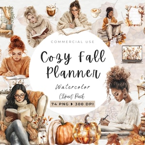 Aquarell gemütlicher Herbst-Planer, Boho-Planer, Buch-Liebhaber, digitale Herbst-Aufkleber, gemütlicher Herbst Png-Grafiken, Planer Girl, kommerzielle Nutzung