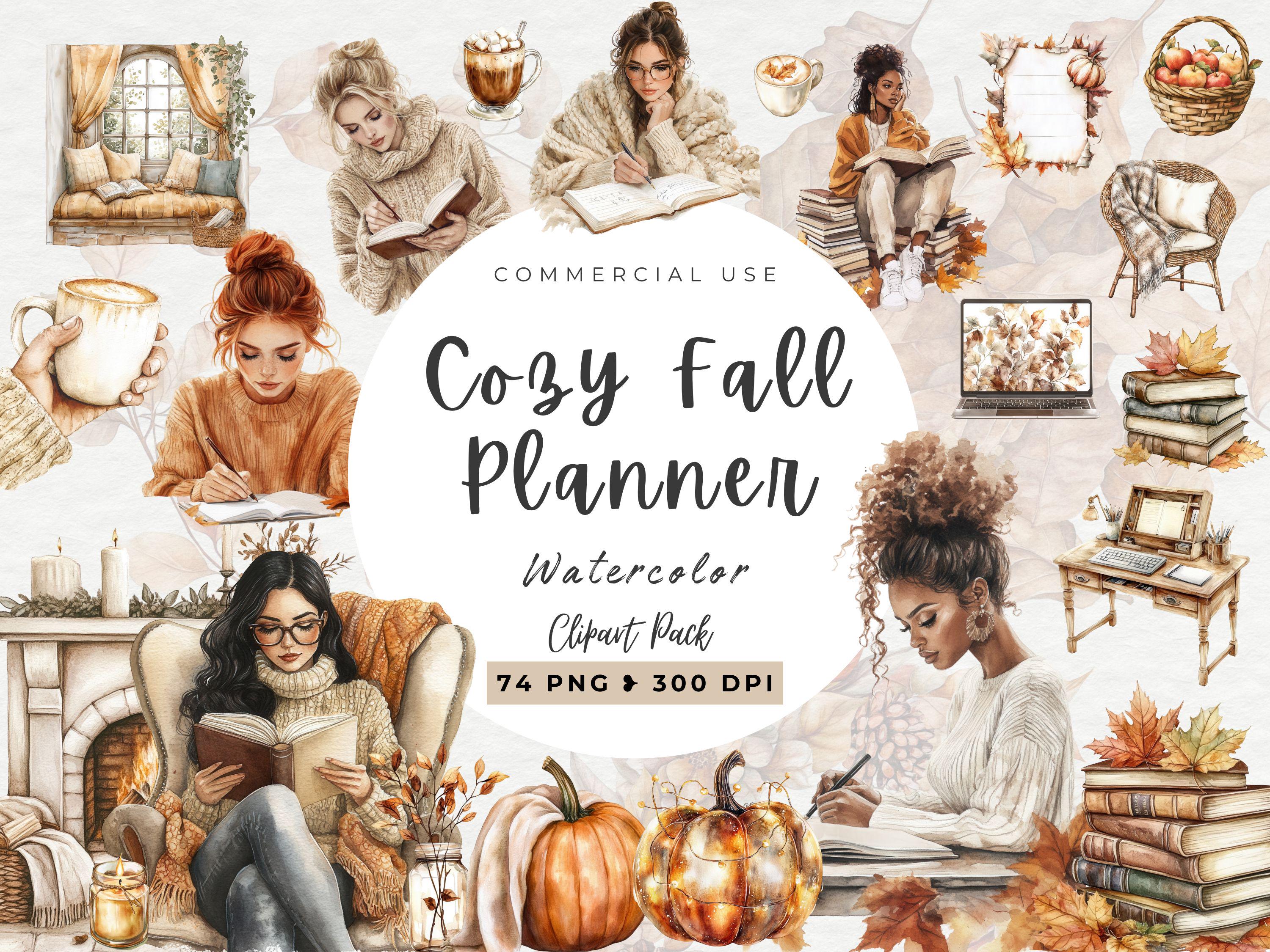 Watercolor Cozy Autumn Planner, Boho Planner, Book Lover, Digital Autumn Stickers, Cozy Fall Png Graphics, Planner Girl, Commercial Use