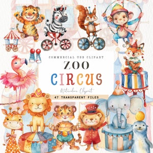 Circusdieren clipart, circustent clipart, commercieel gebruik, instant download, baby circus png, aquarel, verjaardag, decor van de kinderkamer