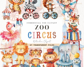 Circus Animals Clipart, Circus Tent Clipart, Commercial Use, Instant Download, Baby Circus Png, Watercolor, Birthday, Nursery Decor