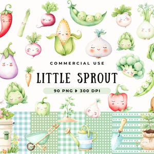 Kleiner Sprössling Clipart, Niedliche Garten-Baby-Dusche-Kunst, Veggie-Grafik, Gartenarbeit Thema Dekor, Bauer, Erbsen, Peper, Kopfsalat, Kommerzielle Nutzung