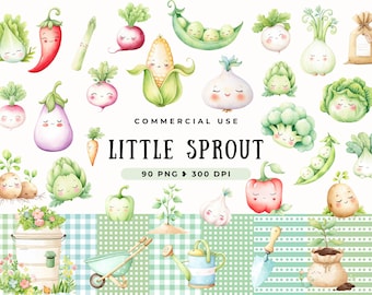Little Sprout Clipart, Cute Garden Baby Shower Art, Veggie Graphics, Gardening Theme Decor, Farmer, Peas, Peper, Lettuce, Commercial Use