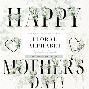 Imágenes prediseñadas del alfabeto floral de acuarela, uso comercial, letras de boda png, clip art floral, iniciales de monograma, día de las madres, verde salvia y blanco