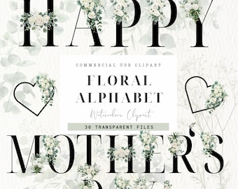Watercolor Floral Alphabet Clipart, Commercial Use, Wedding Letters Png, Floral Clip Art, Monogram Initials, Mothers Day, Sage Green & White