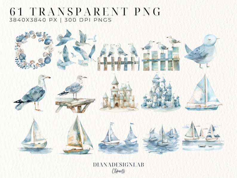 Op de afbeelding: Een set van 61 aquarel illustraties met nautische thema's. De illustraties omvatten meeuwen, zeilboten, schelpen en zandkastelen. De illustraties zijn perfect om een vleugje whimsy aan je projecten toe te voegen.