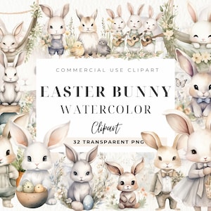 Aquarelle lapin de Pâques Clipart, clipart printemps, cartes de vœux, oeuf de Pâques, panier de Pâques, Boho Pâques PNG, Pâques PNG, usage Commercial
