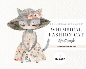 Katze Kleid Clipart, Aquarell, Babyparty, Junk Journal, Kommerzielle Nutzung, Kinderzimmer Kunst, Wunderliche Kätzchen, Lustige Mädchen Katze, Mode Tier
