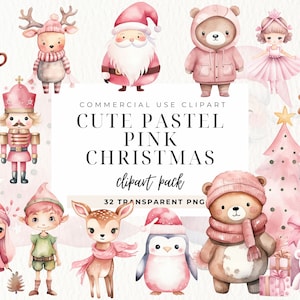 Roze kerst illustraties, pastel kerstboom clipart, dier, pastel kerst decor voor kaartmaken uitnodigingen Wall Art commercieel gebruik