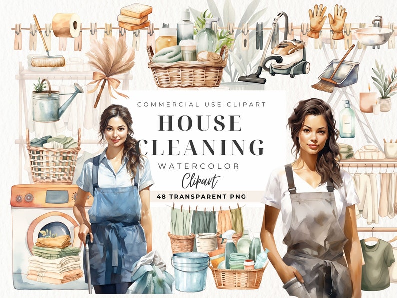 K&ouml;nnte beinhalten: Aquarell-Illustration von zwei Personen, die ein Haus putzen. Die Illustration enth&auml;lt Reinigungsmittel, einen Staubsauger, eine Waschmaschine und einen W&auml;schekorb. Der Text "COMMERCIAL USE CLIPART HOUSE CLEANING WATERCOLOR Clipart 48 TRANSPARENT PNG" ist im Bild enthalten.