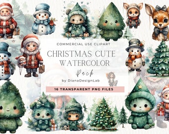 Cute Watercolor Christmas Clipart Bundle Christmas Gift Clipart Winter Season PNG Clipart XMAS Bundle Watercolor Christmas Commercial Use