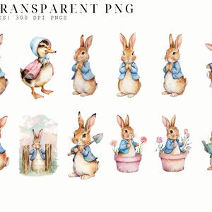 May include: A set of 10 watercolor illustrations featuring cute bunnies in various poses. The bunnies are wearing blue jackets and are holding items like shovels, carrots, and books. One illustration features a duck wearing a pink bonnet.
