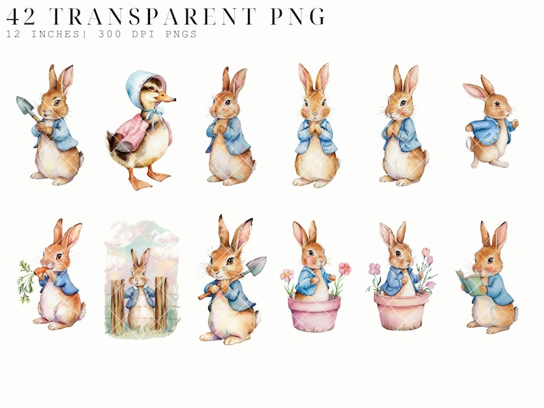 May include: A set of 10 watercolor illustrations featuring cute bunnies in various poses. The bunnies are wearing blue jackets and are holding items like shovels, carrots, and books. One illustration features a duck wearing a pink bonnet.