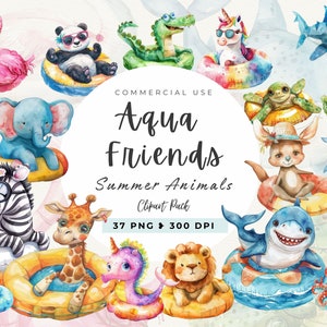Animales en una fiesta en la piscina Clipart, playa, elefante de verano, safari de verano, flotador de piscina, clip art de vibraciones de verano, invitación de cumpleaños, uso comercial