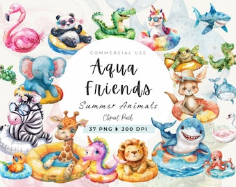 Animals in a Pool Party Clipart, Beach, Summer Elephant, Summer Safari, Pool Floatie, Summer Vibes Clip art, Birthday Invite, Commercial Use