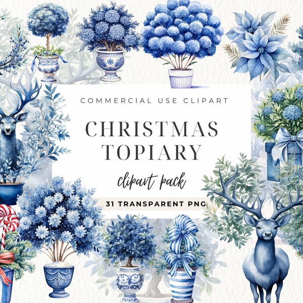 Christmas Topiary Clipart, Printable Art, Sublimation Cut Files, Instant Download, Topiary Clipart, Chinoiserie Preppy Christmas PNG