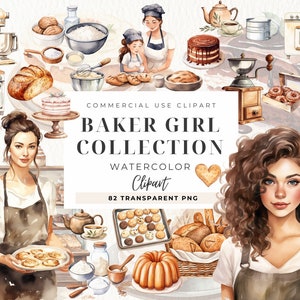 Baker Girl Collection, Backen Aquarell Grafiken, Aquarell Sauerteig Clip art, Küchenutensilien, Scrapbook, Junk Journal, Bäckerei Logo PNG