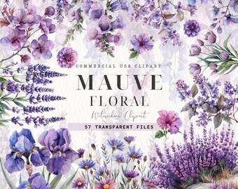 Mauve Floral Clipart, Watercolor Floral, Mauve Floral PNG, Boho Roses, Lavender, Digital Download, Flower Png, Wedding Invite, Commercial